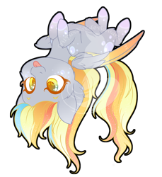 Size: 750x817 | Tagged: safe, artist:fuyusfox, derpy hooves, pegasus, pony, :p, chibi, cute, female, mare, on back, rainbow power, rainbow power-ified, silly, simple background, solo, tongue out, transparent background, upside down, watermark, wings