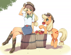 Size: 1927x1500 | Tagged: safe, artist:takeda sun, applejack, equestria girls, apple, basket, bipedal leaning, eye contact, human ponidox, mouth hold, pixiv, sitting, solo, square crossover