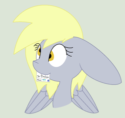 Size: 825x775 | Tagged: safe, artist:suziemaggo, derpy hooves, pony, bust, floppy ears, letter, mouth hold, portrait, simple background, solo