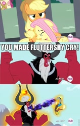 Size: 608x960 | Tagged: safe, screencap, applejack, discord, fluttershy, lord tirek, earth pony, pegasus, pony, twilight's kingdom, crying, hub logo, image macro, meme, scene interpretation