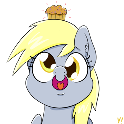 Size: 1000x1000 | Tagged: safe, artist:yakoshi, derpy hooves, pony, cute, food, muffin, open mouth, smiling, solo