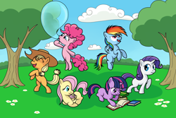 Size: 3000x2000 | Tagged: safe, artist:akellf, derpibooru import, applejack, fluttershy, pinkie pie, rainbow dash, rarity, twilight sparkle, earth pony, pegasus, pony, unicorn, bipedal, book, bubble, filly, flying, mane six, prone, raised hoof, rearing