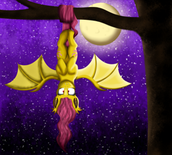 Size: 1024x924 | Tagged: safe, artist:shadeila, fluttershy, fangs, flutterbat, moon, solo, spread wings, upside down