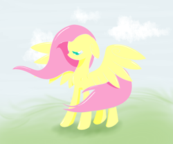 Size: 1666x1384 | Tagged: safe, artist:kiwifingers, fluttershy, pegasus, pony, floppy ears, looking down, solo, spread wings, windswept mane