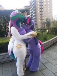 Size: 600x800 | Tagged: safe, artist:tashiroyu, artist:toki, princess celestia, twilight sparkle, clothes, cosplay, costume, fursuit, hug, irl, japan, photo