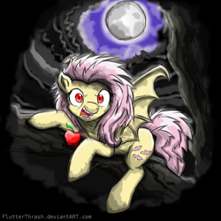 Size: 1000x1000 | Tagged: safe, artist:flutterthrash, fluttershy, bat pony, pegasus, pony, album cover, apple, bark at the moon, flutterbat, heavy metal, moon, ozzy osbourne, ponified