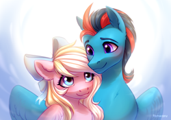 Size: 2000x1400 | Tagged: safe, artist:fenwaru, derpibooru import, oc, oc only, oc:andrew swiftwing, oc:bay breeze, pegasus, pony, blushing, bow, couple, female, hair bow, looking at each other, male, mare, smiling, stallion, straight, swiftbreeze