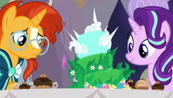 Size: 1920x1080 | Tagged: safe, screencap, starlight glimmer, sunburst, pony, unicorn, student counsel, cake, cupcake, disappointed, equinox cake, food, happy, spiky