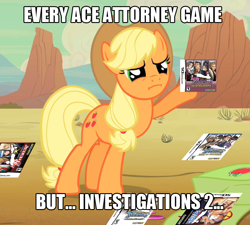 Size: 848x764 | Tagged: safe, applejack, earth pony, pony, ace attorney, image macro, meme, solo