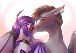 Size: 2000x1400 | Tagged: safe, artist:fenwaru, derpibooru import, oc, oc:beau whisper, oc:belle nuit, bat pony, bat pony oc, beauit, collar, couple, female, kissing, male, oc x oc, romantic, shipping, simple background, straight