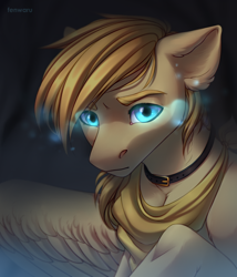 Size: 1200x1400 | Tagged: safe, artist:fenwaru, derpibooru import, oc, oc only, oc:aurryhollows, pegasus, pony, bandana, blue eyes, bust, choker, collar, dark background, ear fluff, floppy ears, glowing eyes, glowing horn, looking at you, male, raised hoof, solo, spread wings, stallion, wings