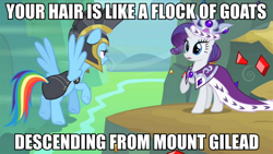 Size: 888x500 | Tagged: safe, derpibooru import, edit, edited screencap, screencap, commander hurricane, princess platinum, rainbow dash, rarity, pegasus, pony, unicorn, bible verse, image macro, meme, religion, the dark tower