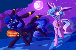 Size: 7086x4724 | Tagged: safe, artist:g-blue16, princess celestia, princess luna, alicorn, pony, clothes, costume, cute, duo, espeon, frown, grin, hair over one eye, hoodie, horn jewelry, horn ring, jack-o-lantern, jewelry, kigurumi, looking at you, mare in the moon, moon, mouth hold, night, nightmare night, pokémon, pumpkin bucket, raised hoof, raised leg, running, smirk, umbreon