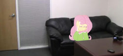 Size: 630x289 | Tagged: safe, fluttershy, equestria girls, rainbow rocks, casting couch, solo, this will end in tears