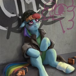 Size: 2584x2584 | Tagged: safe, artist:hardbrony, derpibooru import, rainbow dash, pegasus, pony, alcohol, alleyway, bandage, beanie, bottle, clothes, female, graffiti, hat, homeless, sitting, solo, whiskey