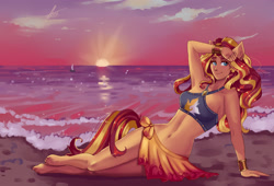 Size: 3000x2044 | Tagged: safe, artist:xjenn9, sunset shimmer, human, equestria girls, equestria girls series, forgotten friendship, armpits, barefoot, beach, belly button, bracelet, clothes, ear fluff, eared humanization, ears, feet, female, halter, halter top, humanized, jewelry, lens flare, midriff, ponied up, pony ears, sarong, sitting, solo, sun, sunset, sunshine shimmer, swimsuit, tail, tailed humanization, tube top