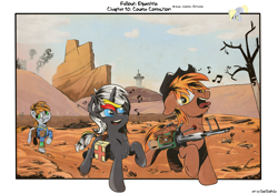 Size: 4000x2800 | Tagged: safe, artist:iiapiiiubbiu, derpy hooves, oc, oc:calamity, oc:littlepip, oc:velvet remedy, pegasus, pony, unicorn, fallout equestria, battle saddle, clothes, cowboy hat, dashite, dead tree, fallout, fanfic, fanfic art, female, fluttershy medical saddlebag, gun, hat, hooves, horn, male, mare, medical saddlebag, music notes, open mouth, pipbuck, rifle, saddle bag, singing, smoke, stallion, stetson, text, tongue out, tree, vault suit, wasteland, weapon, wings
