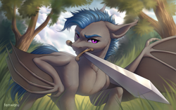 Size: 2700x1700 | Tagged: safe, artist:fenwaru, derpibooru import, oc, oc only, oc:eerie eclipse, bat pony, commission, forest, looking at you, male, mouth hold, solo, spread wings, sword, weapon, wing claws, wings, ych result
