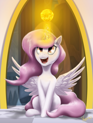 Size: 713x947 | Tagged: safe, artist:the1xeno1, princess celestia, alicorn, pony, cute, filly, happy, magic, open mouth, pink-mane celestia, sitting, smiling, solo, spread wings, sun, tangible heavenly object, younger