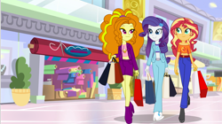 Size: 1600x895 | Tagged: safe, artist:limedazzle, part of a set, adagio dazzle, rarity, sunset shimmer, equestria girls, belly shirt, boots, canterlot mall, clothes, female, looking at each other, mall, midriff, pants, shoes, shopping, shopping bags, shopping mall