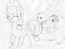 Size: 1055x800 | Tagged: safe, artist:foxxy-arts, derpibooru import, applejack, rainbow dash, earth pony, pegasus, pony, ambush, duo, eyes closed, hiding, holding, hoofprints, newbie artist training grounds, smiling, smirk, snow, snowball, snowpony, traditional art, walking