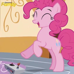 Size: 550x550 | Tagged: safe, edit, edited screencap, screencap, pinkie pie, earth pony, pony, controller, discovery family, discovery family logo, official, rearing