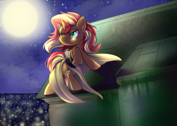 Size: 1000x712 | Tagged: safe, artist:cabbage-arts, sunset shimmer, pony, unicorn, building, city, clothes, commission, crossover, dress, mission impossible, moon, roof, rooftop, solo