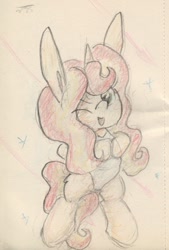 Size: 662x977 | Tagged: safe, artist:slightlyshade, sunset shimmer, pony, clothes, long ears, one eye closed, one-piece swimsuit, solo, swimsuit, traditional art, wink