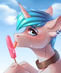 Size: 1200x1440 | Tagged: safe, artist:fenwaru, derpibooru import, oc, oc only, oc:spiral light, pony, unicorn, blushing, cloud, collar, ear piercing, earring, food, jewelry, piercing, popsicle, sky, solo, tongue out, ych result
