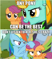 Size: 842x960 | Tagged: dead source, useless source url, safe, derpibooru import, edit, edited screencap, screencap, lightning dust, rainbow dash, scootaloo, pegasus, pony, the washouts (episode), comic, floppy ears, image macro, meme, screencap comic, text