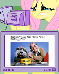 Size: 1007x1250 | Tagged: safe, fluttershy, pegasus, pony, doc, exploitable meme, feels, fluttercry, fraggle rock, gerard parkes, meme, obligatory pony, sprocket, tv meme