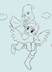 Size: 733x1000 | Tagged: safe, artist:empyu, derpy hooves, human, pony, 30 minute art challenge, flying, human ponidox, humanized, humans riding ponies, riding, self ponidox