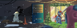 Size: 2400x889 | Tagged: source needed, safe, artist:paulrus-keaton, artist:php69, derpy hooves, box, christmas, context in comments, holiday, homeless, sad, snow, song reference, television, underp