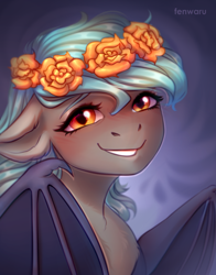 Size: 1100x1400 | Tagged: safe, artist:fenwaru, derpibooru import, oc, oc only, oc:moon bloom, bat pony, pony, bat pony oc, blushing, female, floral head wreath, flower, flower in hair, looking at you, mare, smiling, solo, ych result