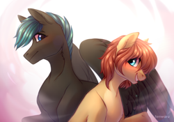 Size: 2000x1400 | Tagged: safe, artist:fenwaru, derpibooru import, oc, oc only, oc:ruby noi, oc:tashi, earth pony, pegasus, pony, female, male, mare, smiling, stallion, ych result