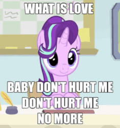 Size: 452x480 | Tagged: safe, edit, edited screencap, screencap, starlight glimmer, pony, unicorn, starlight the hypnotist, spoiler:interseason shorts, animated, caption, cropped, cute, female, gif, glimmerbetes, haddaway, hair flip, hair over one eye, headbob, image macro, loop, mare, meme, nodding, saturday night live, solo, song reference, text, what is love