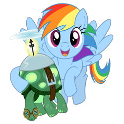 Size: 1600x1600 | Tagged: safe, artist:sazanamibd, derpibooru import, rainbow dash, tank, pegasus, pony, tortoise, tanks for the memories, carrying, duo, flying, i'll fly, simple background, smiling, spread wings, transparent background, vector, wings