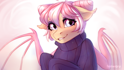 Size: 2300x1300 | Tagged: safe, artist:fenwaru, derpibooru import, oc, oc only, oc:sunset sorbet, bat pony, pony, bat pony oc, blushing, clothes, fangs, female, mare, smiling, solo, sweater, ych result