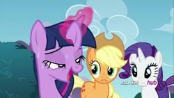 Size: 1920x1080 | Tagged: safe, screencap, applejack, rarity, twilight sparkle, twilight sparkle (alicorn), alicorn, earth pony, pony, unicorn, animation error, ear, female, hub logo, magic, mare, nervous, sweat