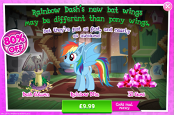 Size: 797x528 | Tagged: safe, derpibooru import, rainbow dash, bat pony, pony, night of the living apples, spoiler:comic, spoiler:comic33, advertisement, bat ponified, costs real money, female, gameloft, gem, halloween, holiday, mare, nightmare night, official, race swap, rainbowbat, sale, solo, spread wings, wings