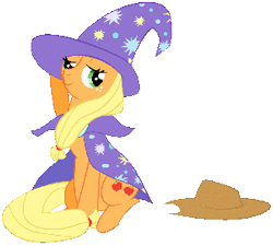 Size: 300x270 | Tagged: source needed, safe, applejack, earth pony, pony, accessory swap, cosplay, hat, simple background, sitting, solo, the great and powerful, trixie's cape, trixie's hat
