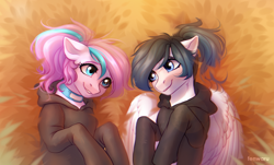 Size: 2456x1481 | Tagged: safe, artist:fenwaru, derpibooru import, oc, oc only, oc:ice energy, oc:panda shade, earth pony, pegasus, pony, clothes, collar, cute, femboy, hoodie, looking at each other, lying in grass, male, shadenergy, ych result