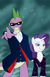 Size: 719x1112 | Tagged: safe, artist:bico-kun, rarity, spike, dragon, pony, unicorn, clothes, crossover, doctor who, female, jacket, leather jacket, male, older, older spike, overcoat, river song, shipping, sparity, straight, sunglasses, twelfth doctor, waistcoat