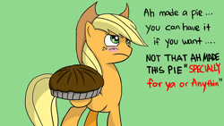 Size: 1200x675 | Tagged: safe, artist:celine-artnsfw, applejack, earth pony, pony, blushing, bronybait, dialogue, hat, pie, simple background, solo, talking to viewer, tsundere, tsunjack