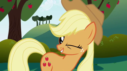 Size: 640x360 | Tagged: safe, screencap, applejack, earth pony, pony, female, mare, solo, wink