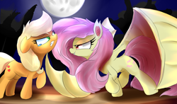 Size: 1024x602 | Tagged: safe, artist:madacon, applejack, fluttershy, bat pony, pony, bats!, flutterbat, large wings, moon, wings