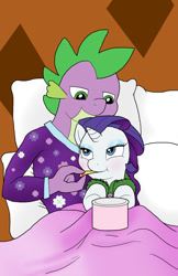 Size: 719x1112 | Tagged: safe, artist:bico-kun, rarity, spike, dragon, pony, unicorn, bed, clothes, feeding, female, food, ice cream, male, older, older spike, pajamas, shipping, sparity, spoon, straight