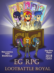 Size: 1400x1879 | Tagged: safe, artist:bredgroup, artist:sirvalter, adagio dazzle, aria blaze, flash sentry, sci-twi, sonata dusk, sunset shimmer, twilight sparkle, comic:eg rpg lootbattle royal, equestria girls, announcement, ciri, clothes, comic, connor, cosplay, costume, crossover, detroit: become human, female, frying pan, gun, handgun, human female, human male, loot box, male, mercy, overwatch, pistol, rifle, rk800, shimmercy, sword, the witcher, video game, weapon