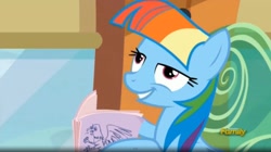 Size: 1666x930 | Tagged: safe, derpibooru import, screencap, rainbow dash, pegasus, pony, the lost treasure of griffonstone, alternate hairstyle, book, derp, grin, mane swap, manebow sparkle, smiling, solo