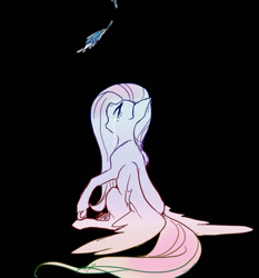 Size: 708x760 | Tagged: safe, artist:pasikon, fluttershy, pegasus, pony, black background, feather, female, gradient, pixiv, simple background, solo, wings, wings down